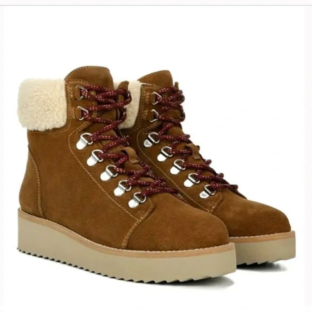 Sam Edelman The Franc Hiking Boot Women's 7.5 Suede Faux Shearling Trim Toffee