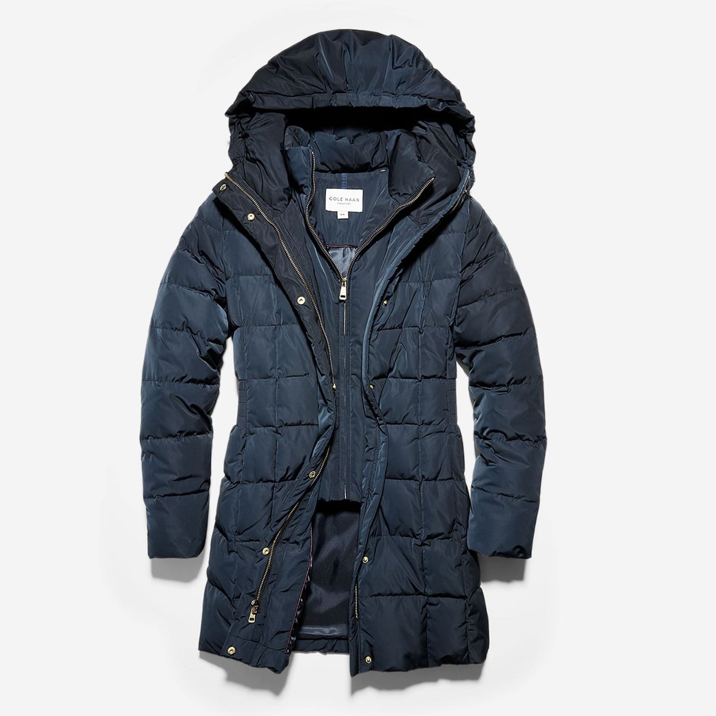 Cole Haan Down Puffer Coat Women's Size Large Hooded Parka Navy Blue - Good Depth On Pockets