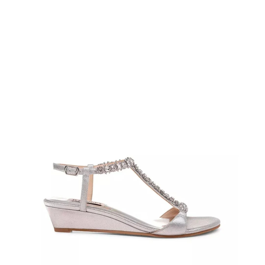 Badgley Mischka Yadira Embellished Satin Triple Strap Wedge Sandals Size 7M