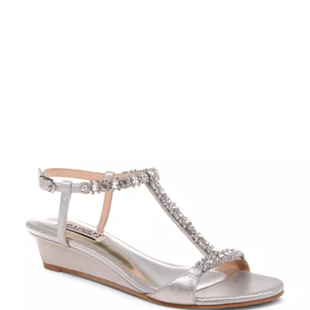 Badgley Mischka Yadira Embellished Satin Triple Strap Wedge Sandals Size 7M