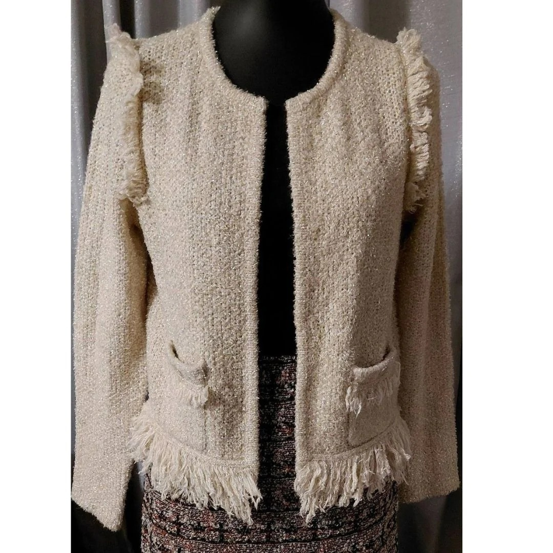 Lilly Pulitzer Tweed Cardigan Sweater Women's Size Medium Gold Wool Blend