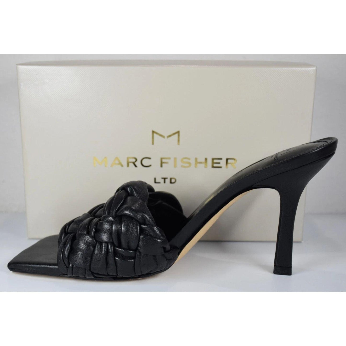 Marc Fisher High Heel Women's 5.5 Side Leather Sandal Black Draya Woven