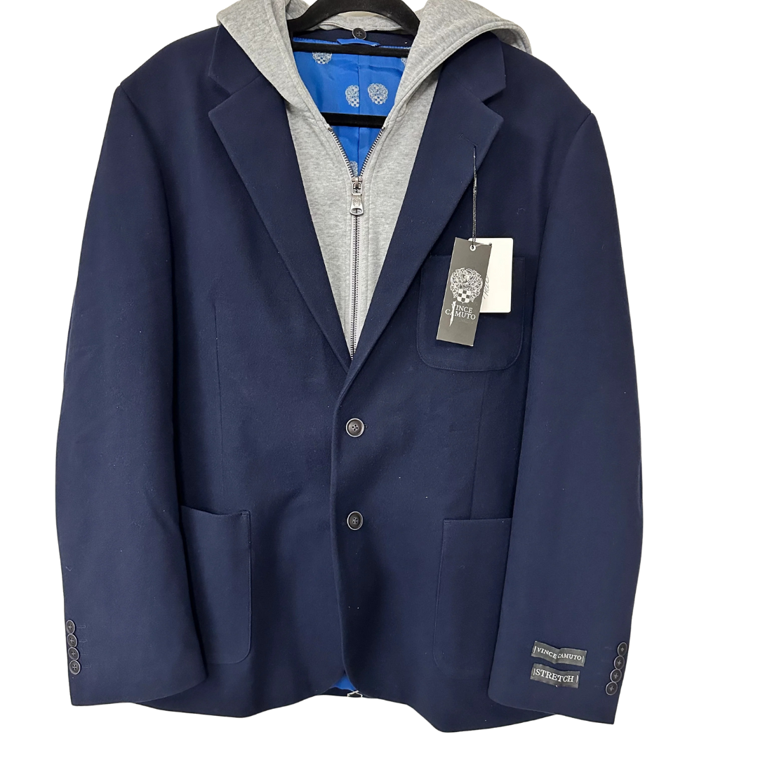 Navy blazer with a gray hoodie on a white background