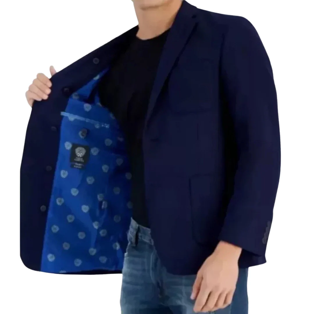 Person wearing a navy blazer showing interior lining