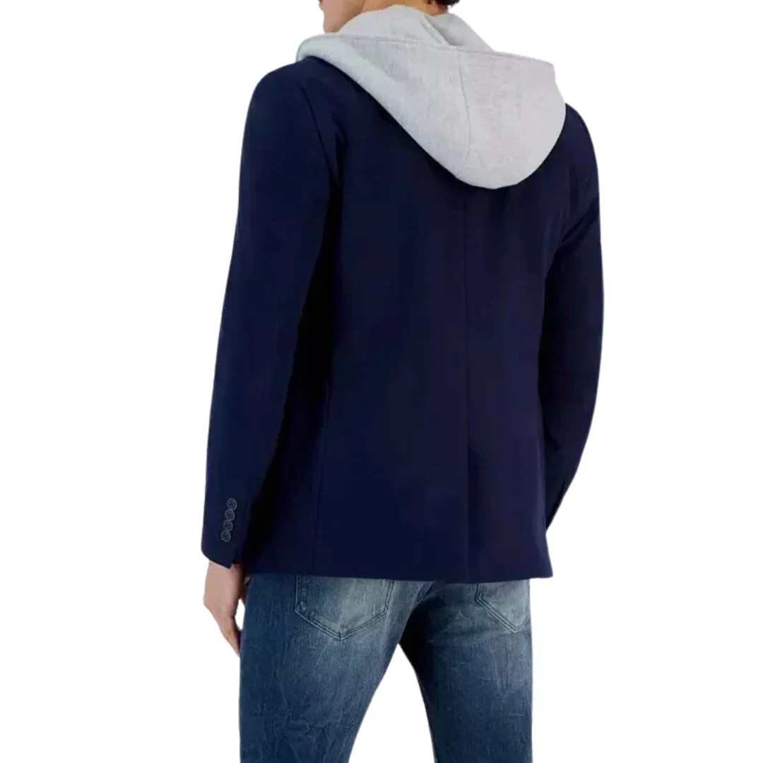 Back view of Navy blue hoodie with gray hood worn by a person on a white background