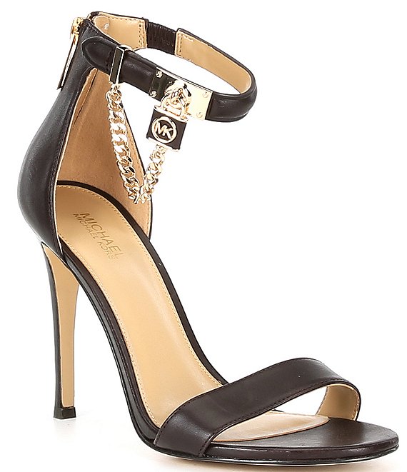Sz. 9 Michael Michael Kors Women's Hamilton Chain Ankle-Strap Dress Sandals 4" Stacked Heel Square Toe Back Zip Closure Buckle Ankle Strap Leather Upper  Retail $165.00
