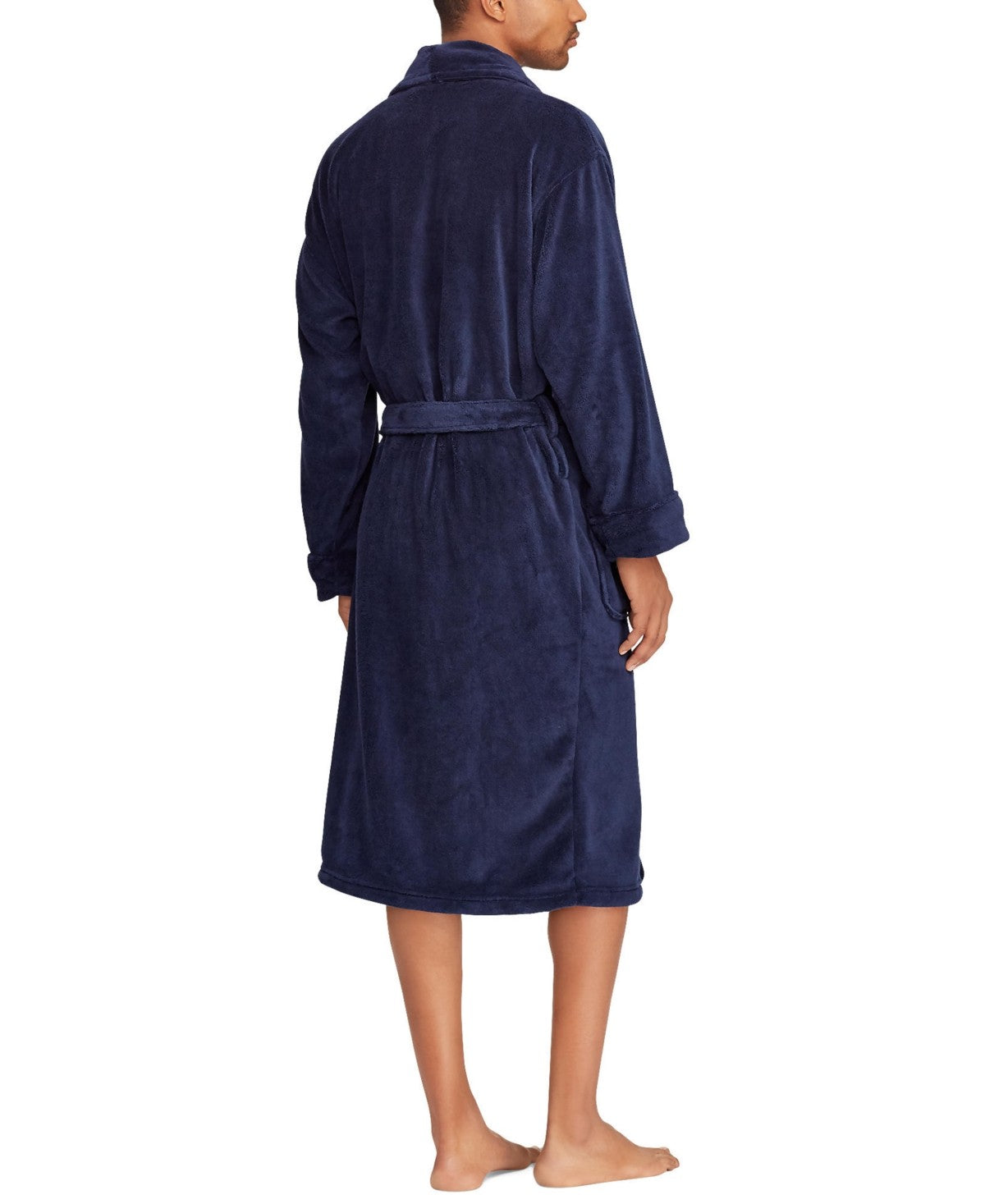Rear view of the Polo Ralph Lauren men's navy blue microfiber plush robe in Small - Medium showing full-length coverage and self-belt