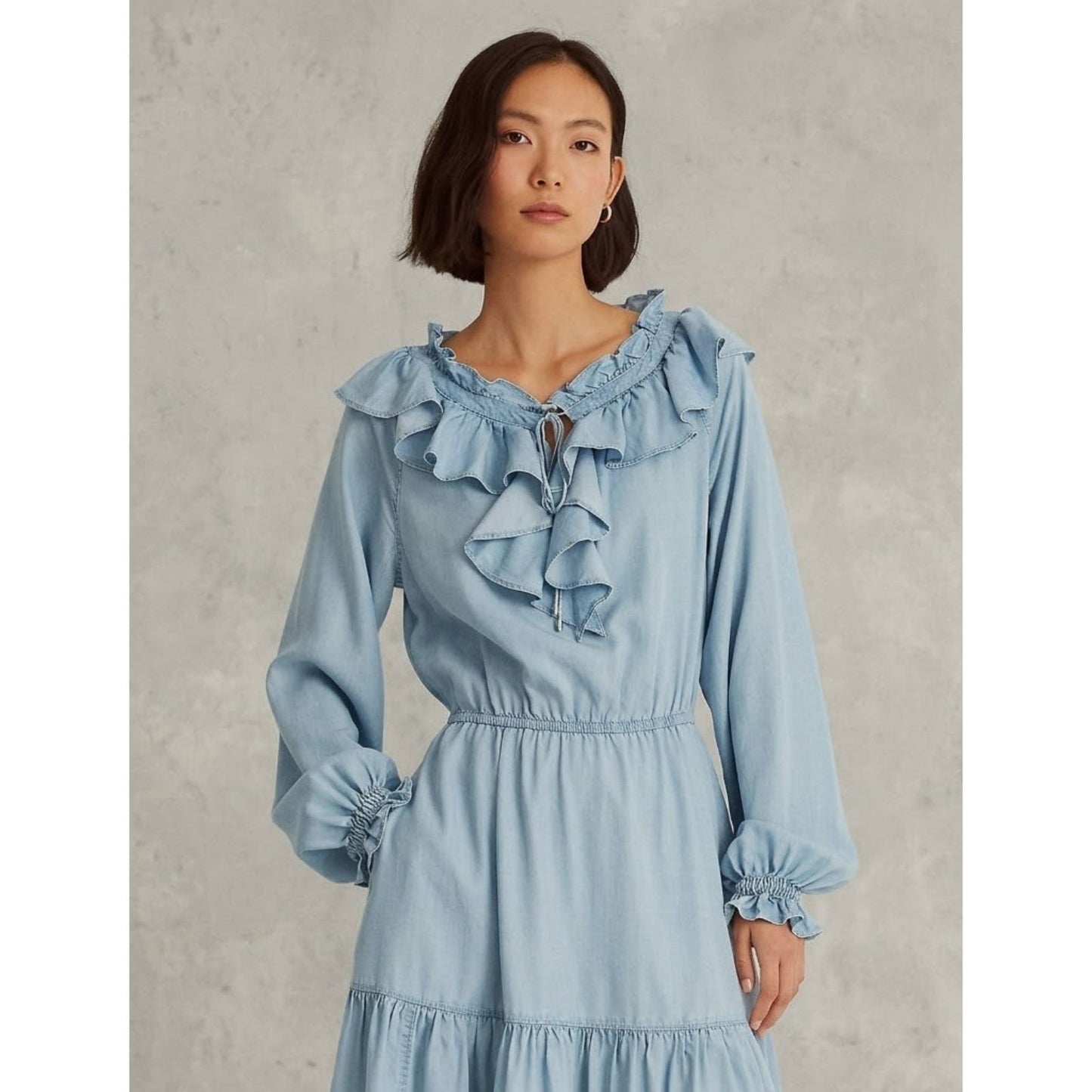 Lauren Ralph Lauren Smocked Ruffle Denim Dress Women's Size 6 Side On-Seam Pockets