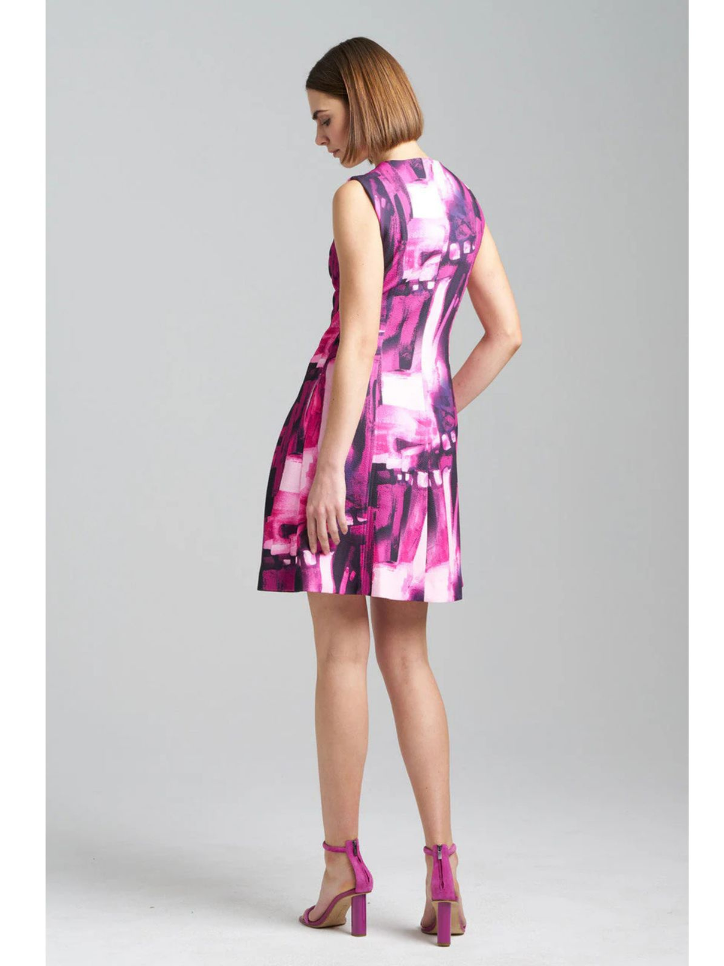 Natori Brushstroke Magenta Pleated Fit & Flare Dress Women's Size 16