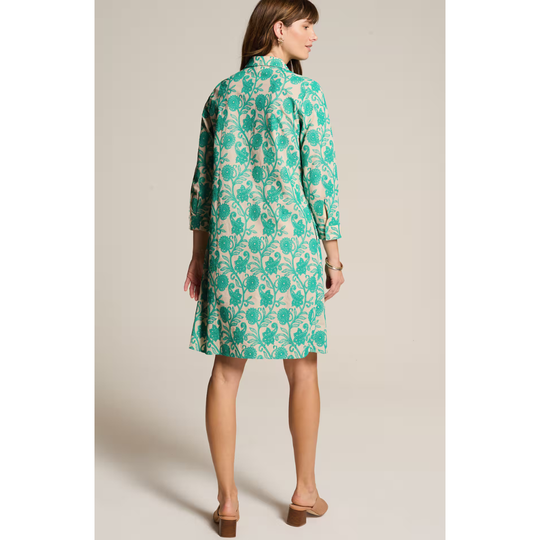 J. Jill Embroidered A-Line Midi Shirtdress Women's Small 3/4 Sleeve Pockets French Beige & Aquamarine