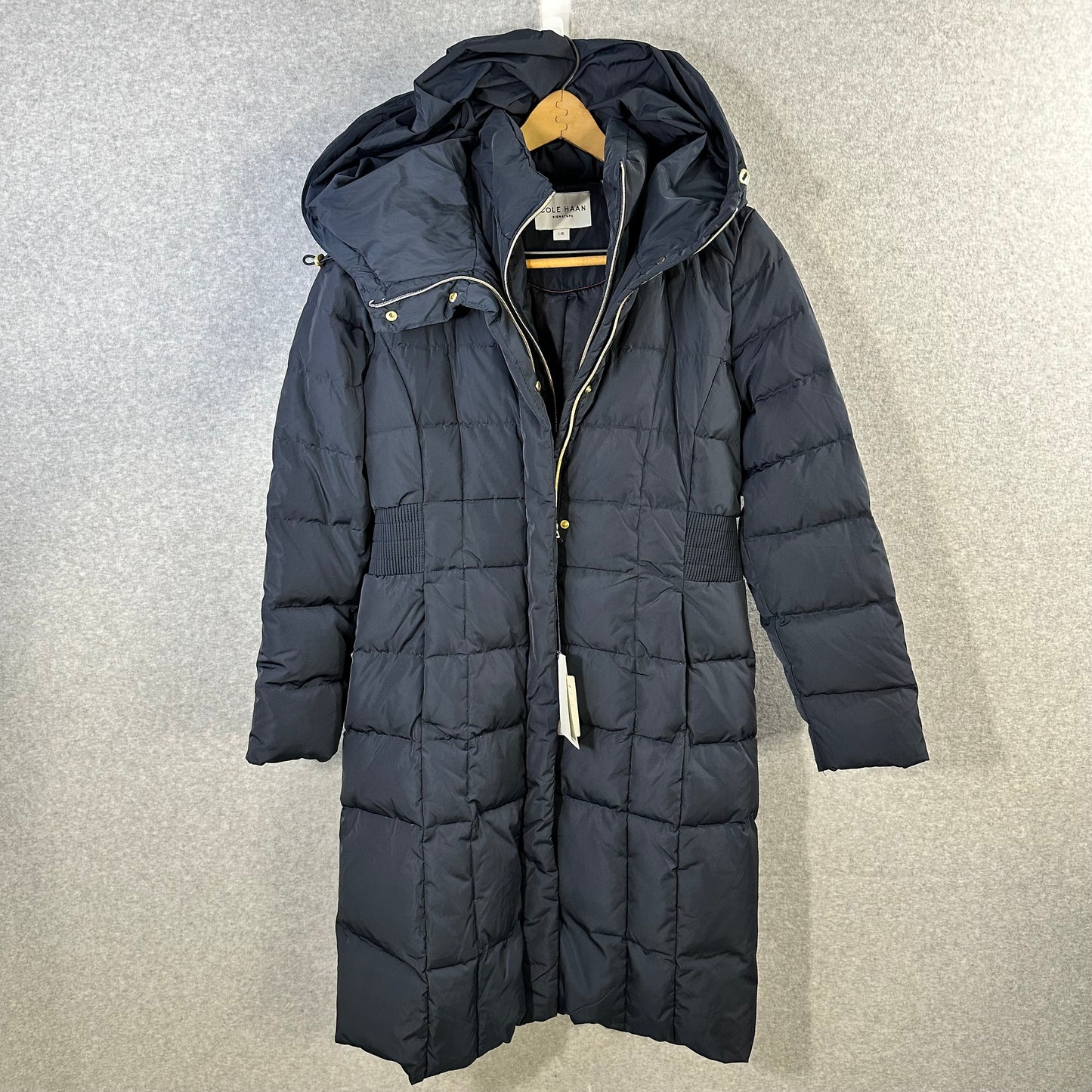 Cole Haan Down Puffer Coat Women's Size Large Hooded Parka Navy Blue - Good Depth On Pockets