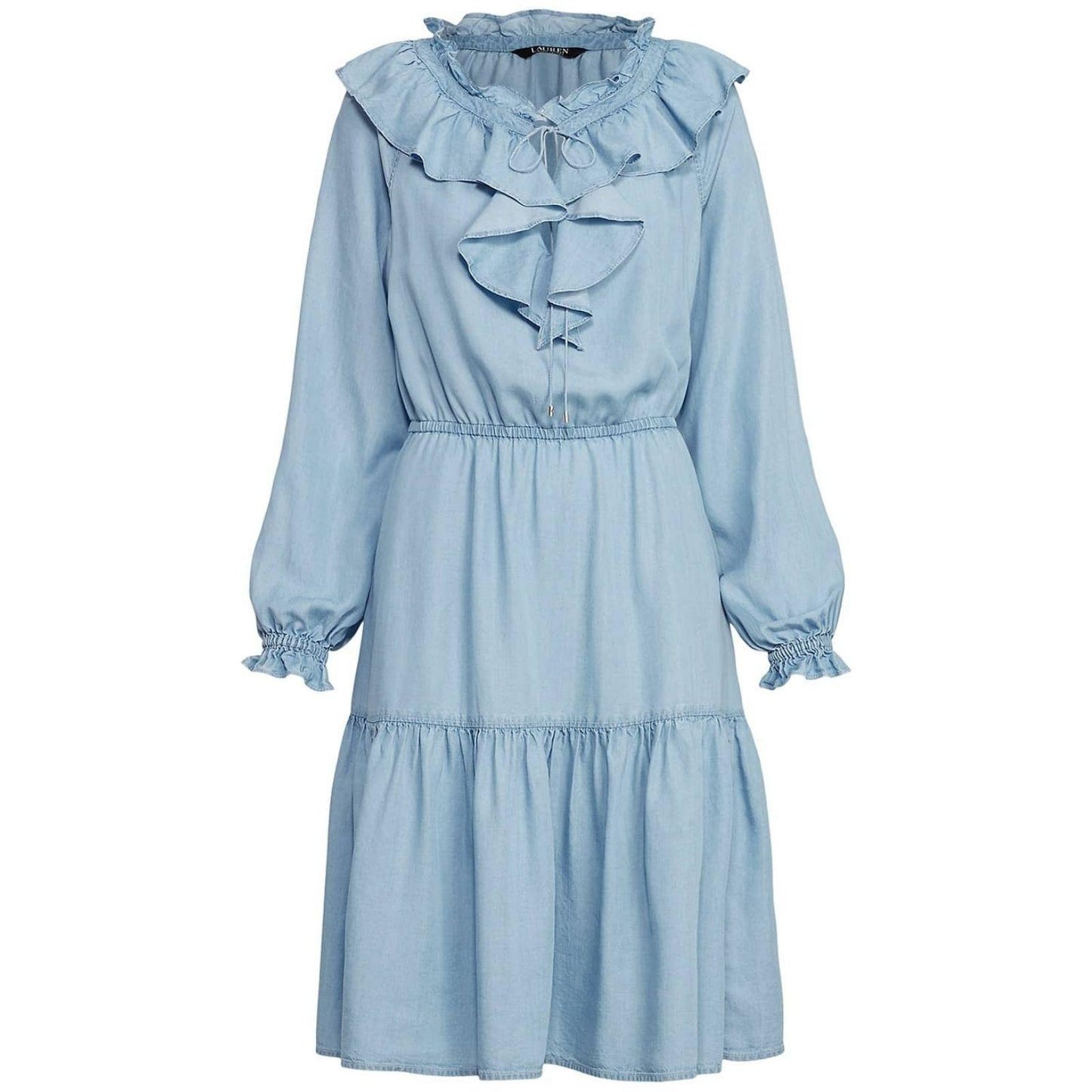Lauren Ralph Lauren Smocked Ruffle Denim Dress Women's Size 6 Side On-Seam Pockets