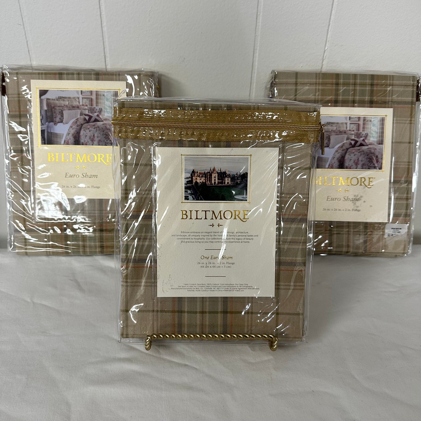 Biltmore Estate Euro Sham 26" Plaid 2" Flange Rosalee Pattern Bundle Of Three