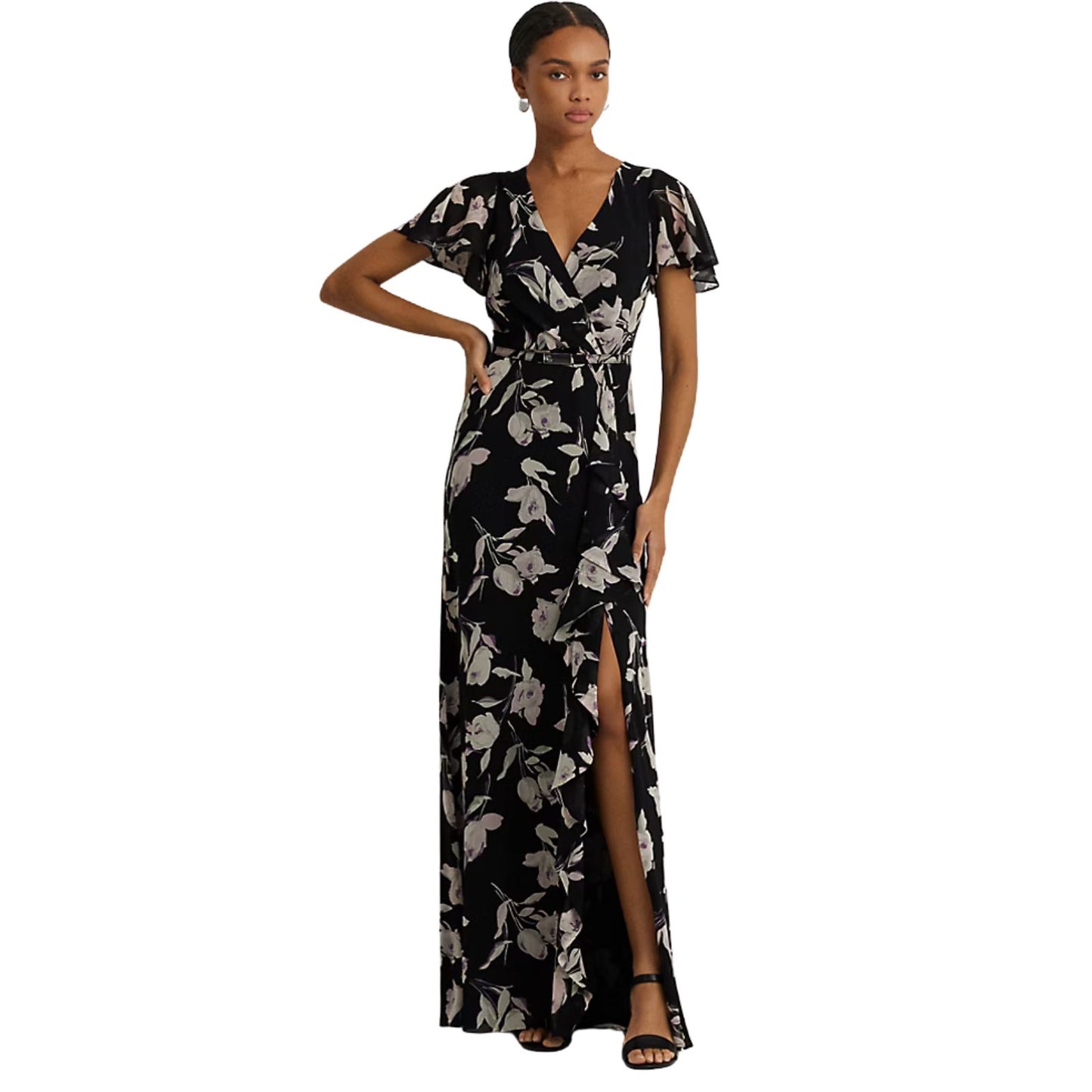 Lauren Ralph Lauren Floral Flutter-Sleeve Gown Size 6