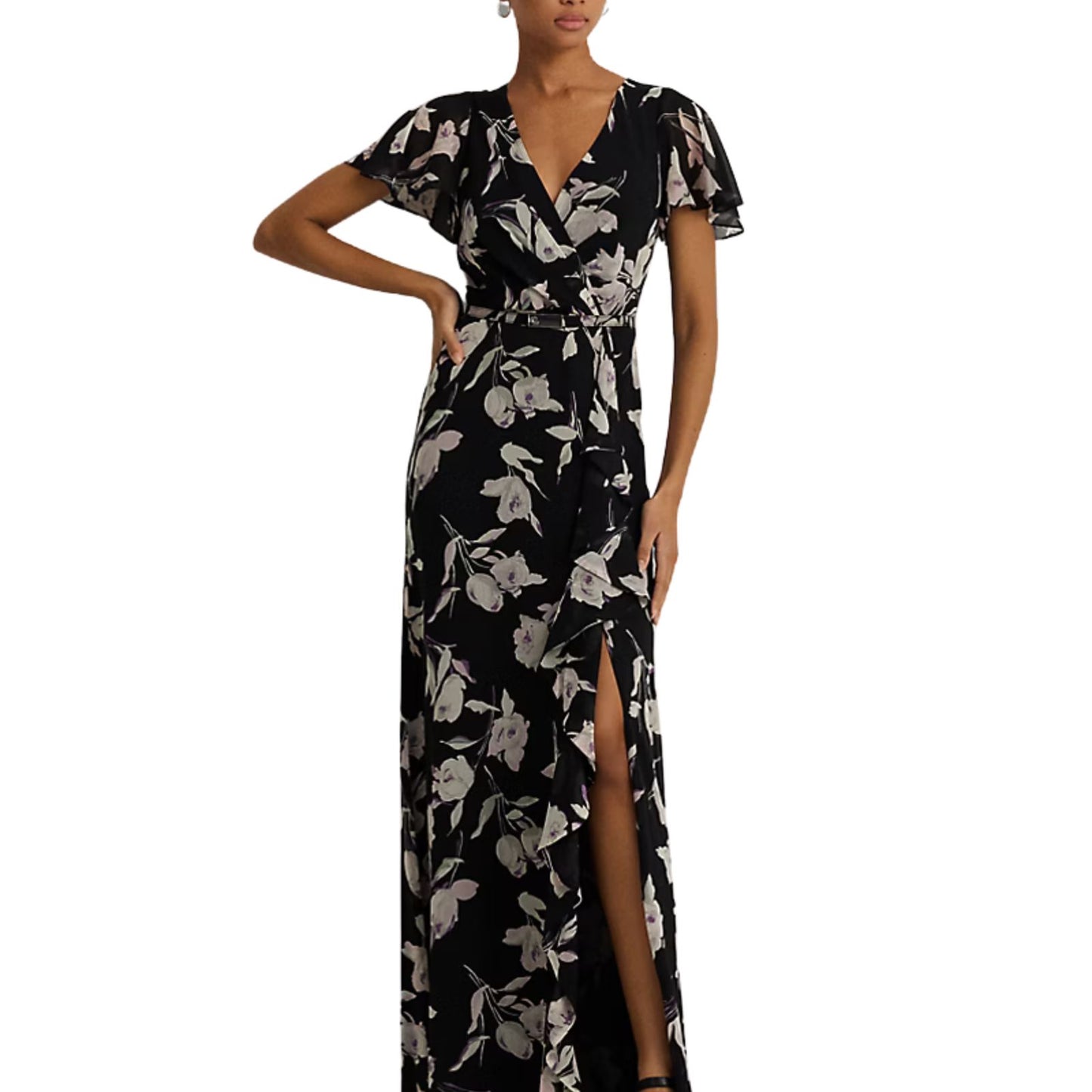 Lauren Ralph Lauren Floral Flutter-Sleeve Gown Size 6