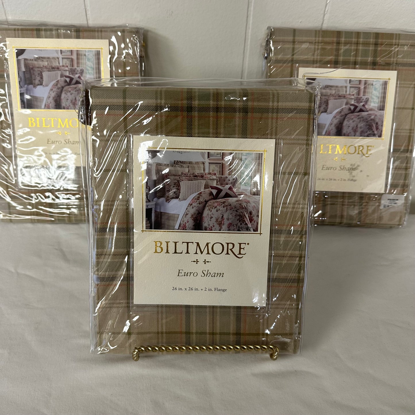 Biltmore Estate Euro Sham 26" Plaid 2" Flange Rosalee Pattern Bundle Of Three
