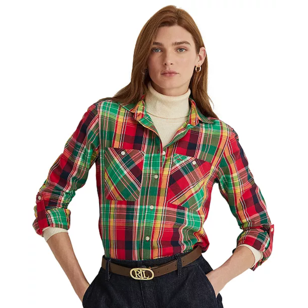 Lauren Ralph Lauren Women's Plaid Cotton Twill Shirt Light Weight Cotton, Roll-Tab Sleeves,   Relaxed Fit, Point Collar, Button Front, Two Upper P'kts, UA TO UA IS 21in., LFCBNTBH Is 29in.,   Retail $89.50