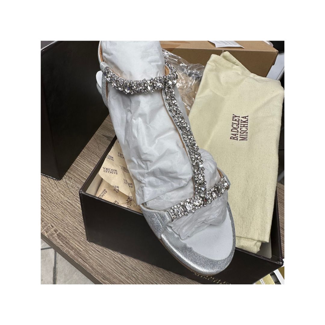 Badgley Mischka Yadira Embellished Satin Triple Strap Wedge Sandals Size 7M