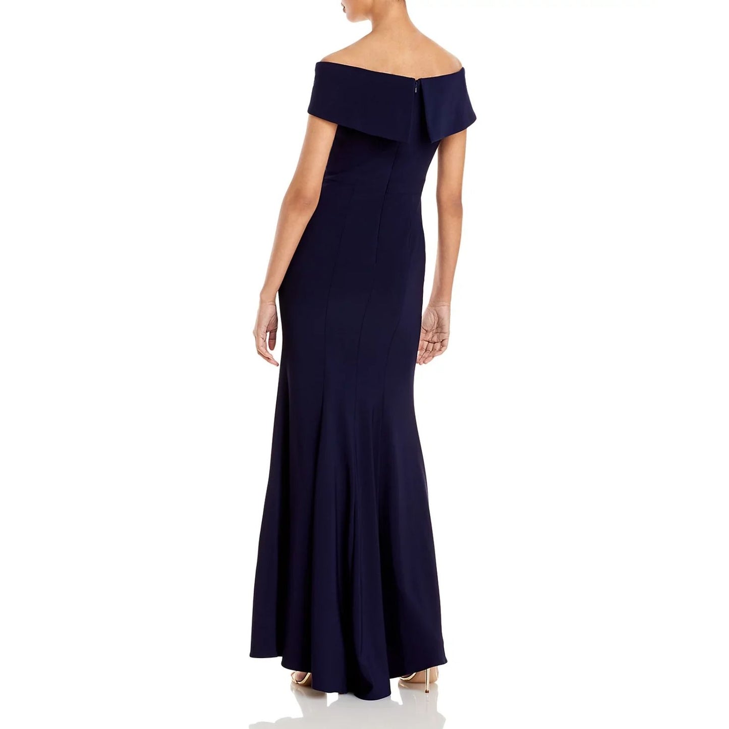 Up close back view of Navy off-shoulder gown on a white background