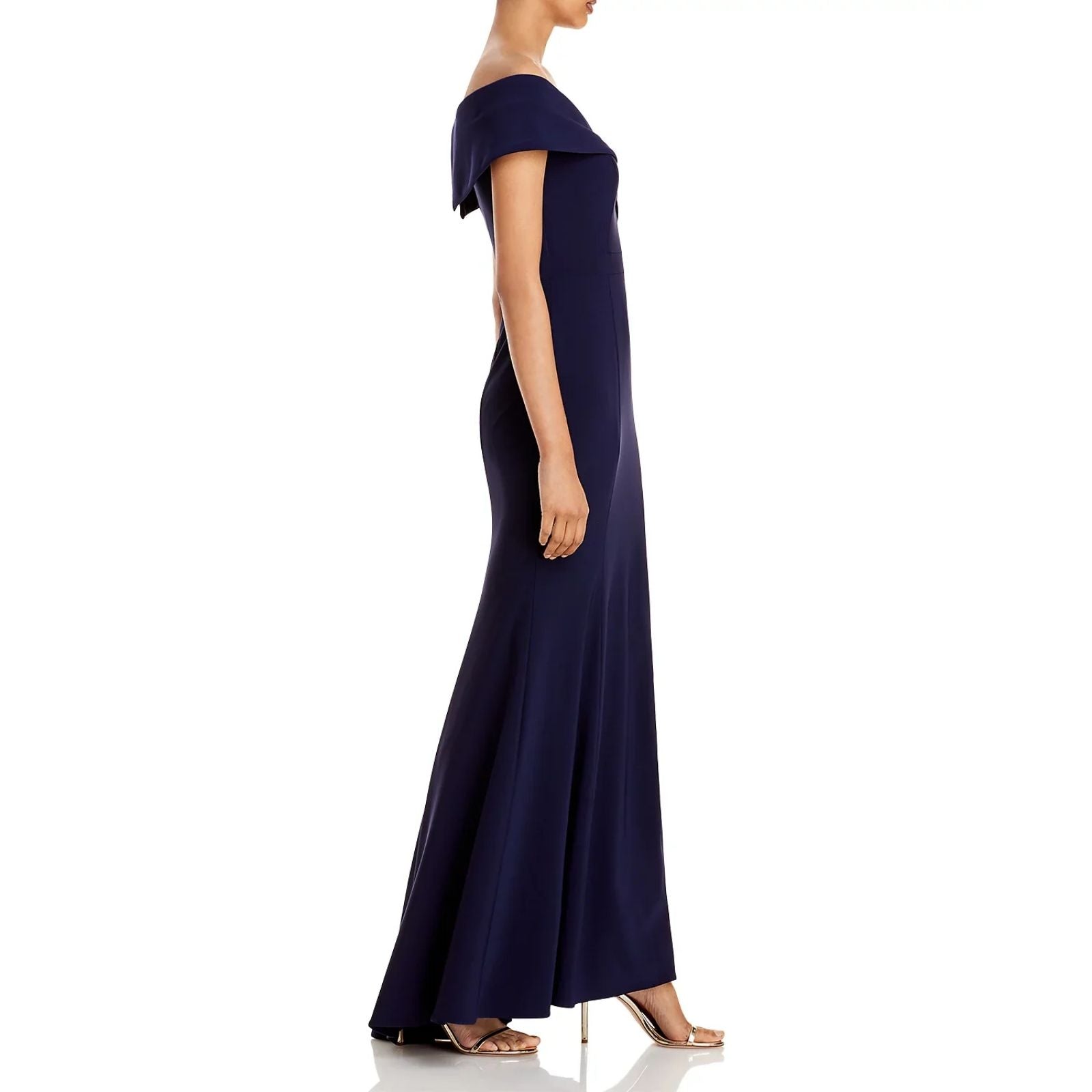 Side view of Navy blue off-shoulder evening gown on a white background