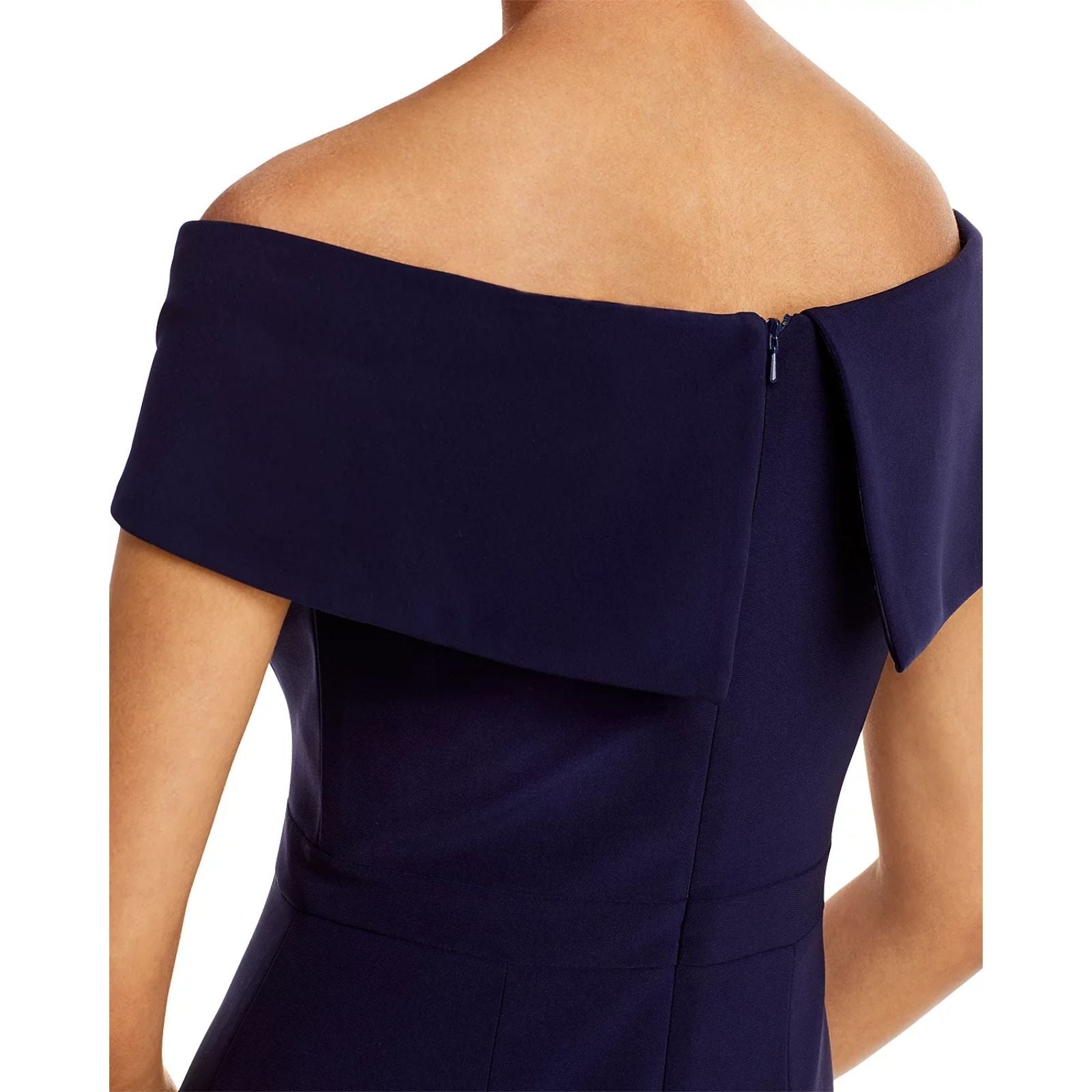 Back view of Navy off-shoulder dress on a white background