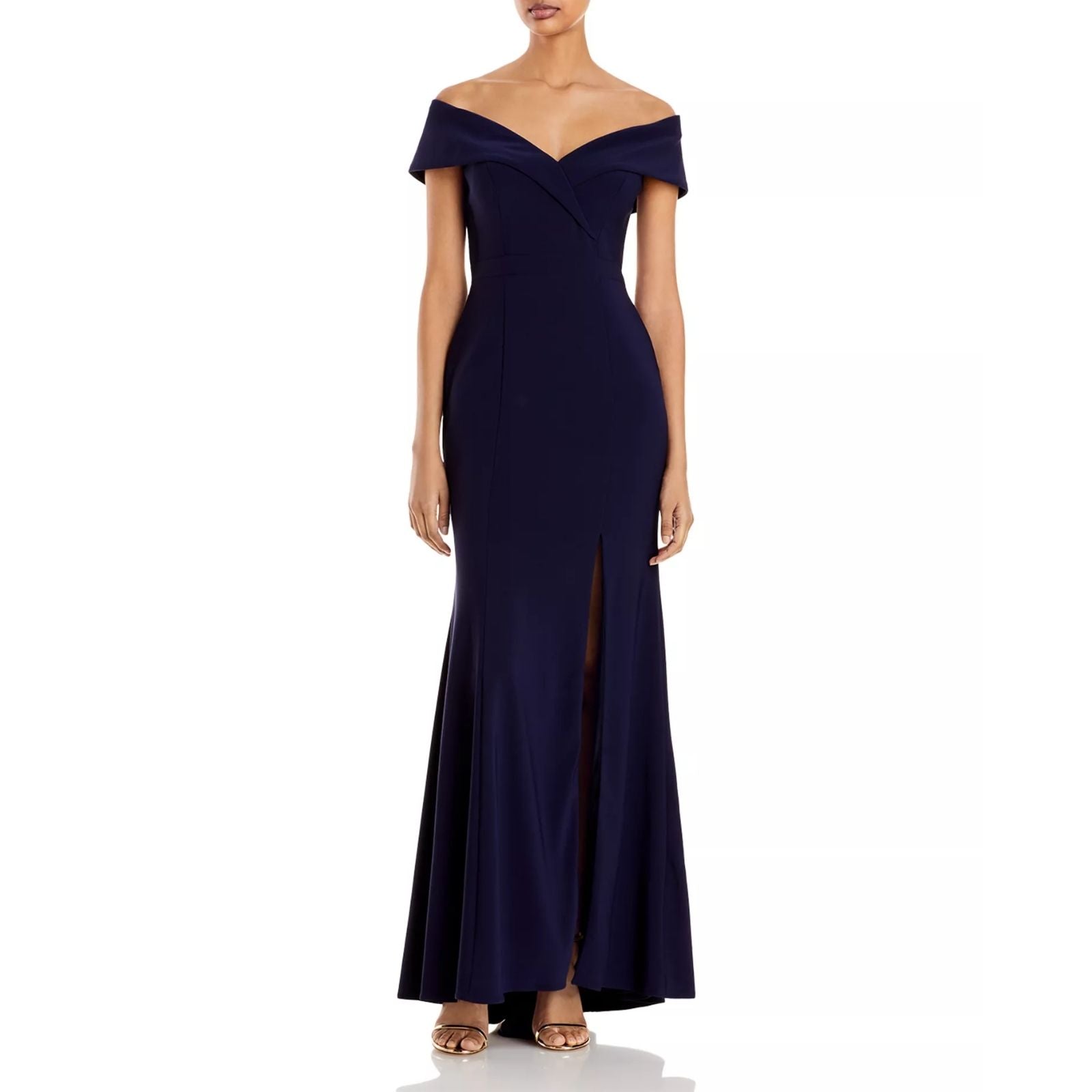 Navy off-shoulder gown on a white background