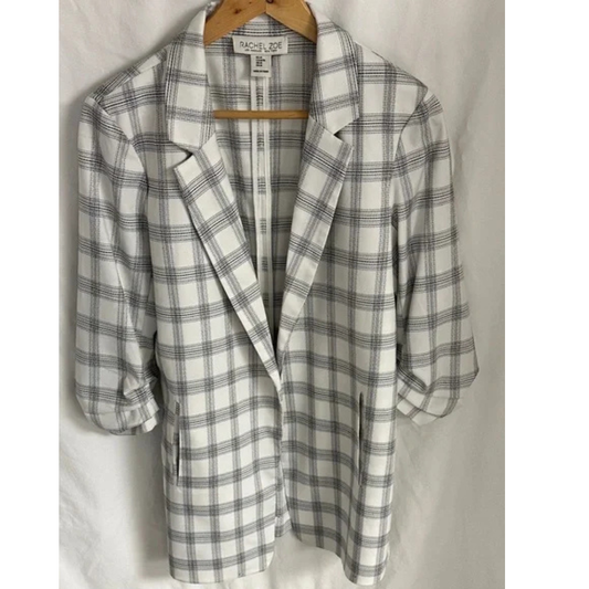 Rachel Zoe Plaid Blazer Women's Medium Relaxed Oversized Ruched 3/4 Sleeve Black And White