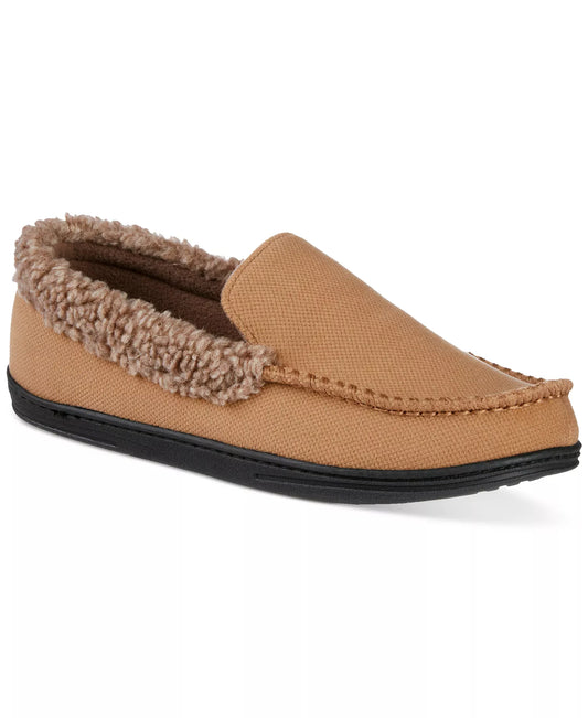 Side view of Isotoner men's tan brushed knit moccasin slipper with plush brown fleece lining and durable black indoor-outdoor sole.