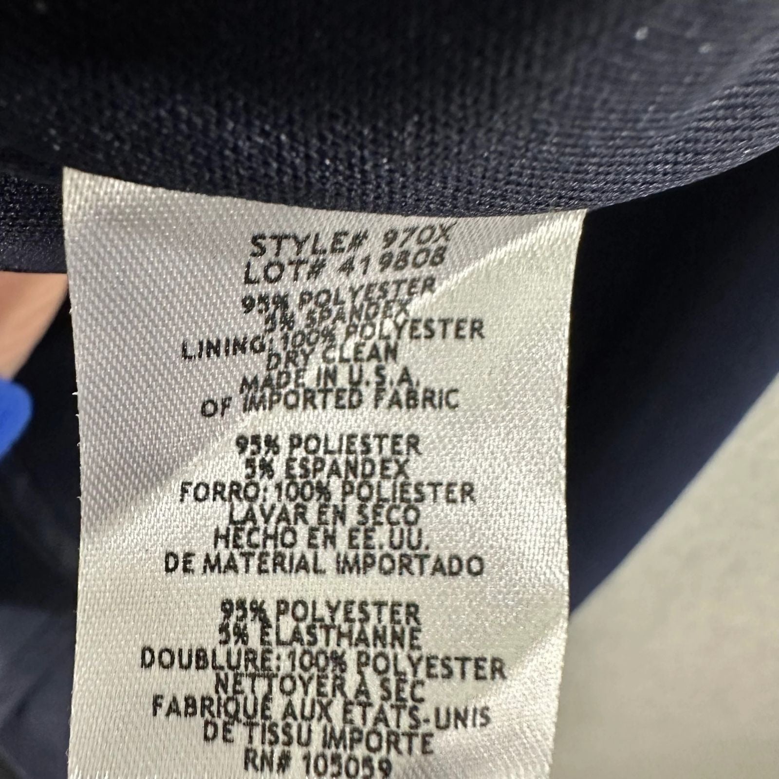 Clothing label with text on a white background