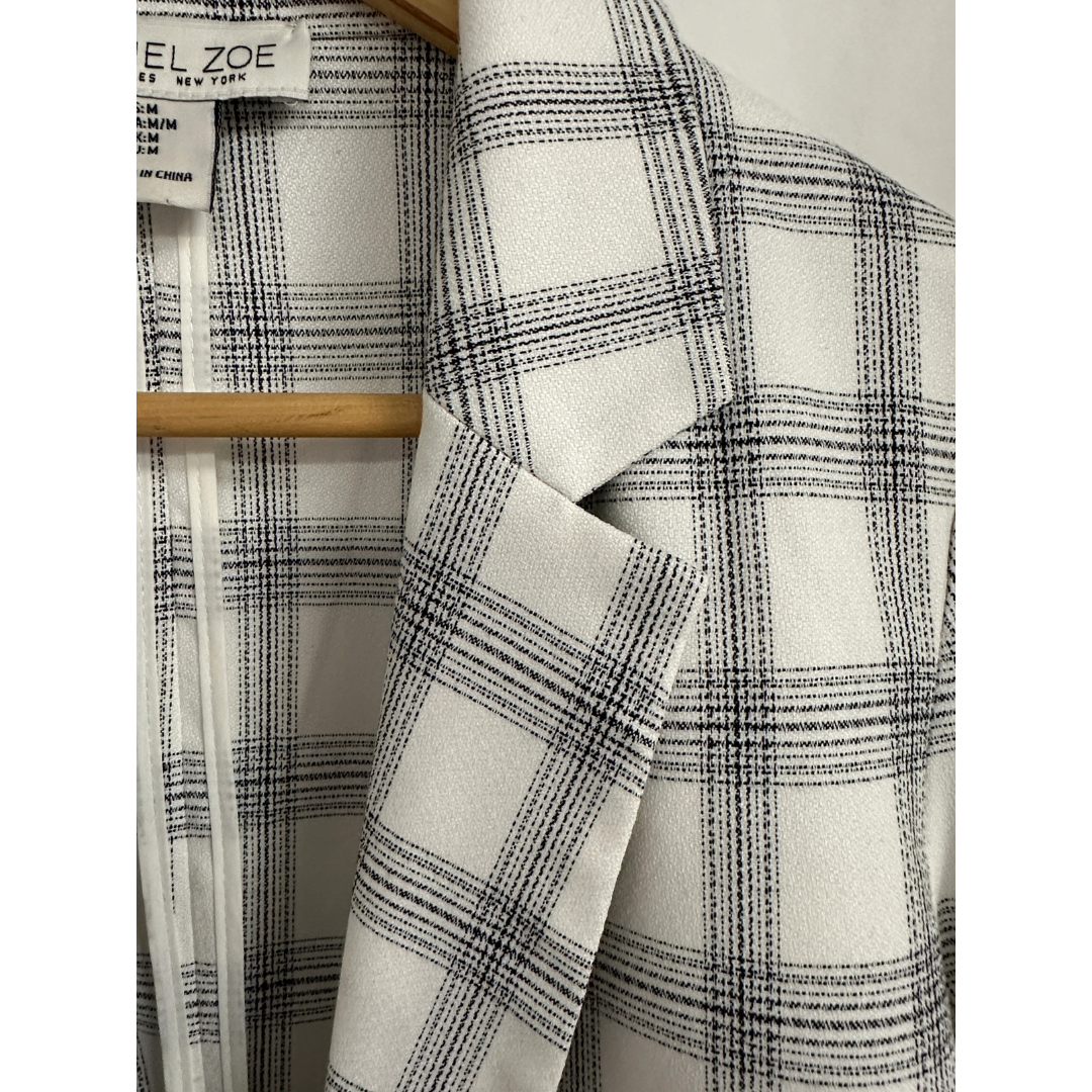 Rachel Zoe Plaid Blazer Women's Medium Relaxed Oversized Ruched 3/4 Sleeve Black And White