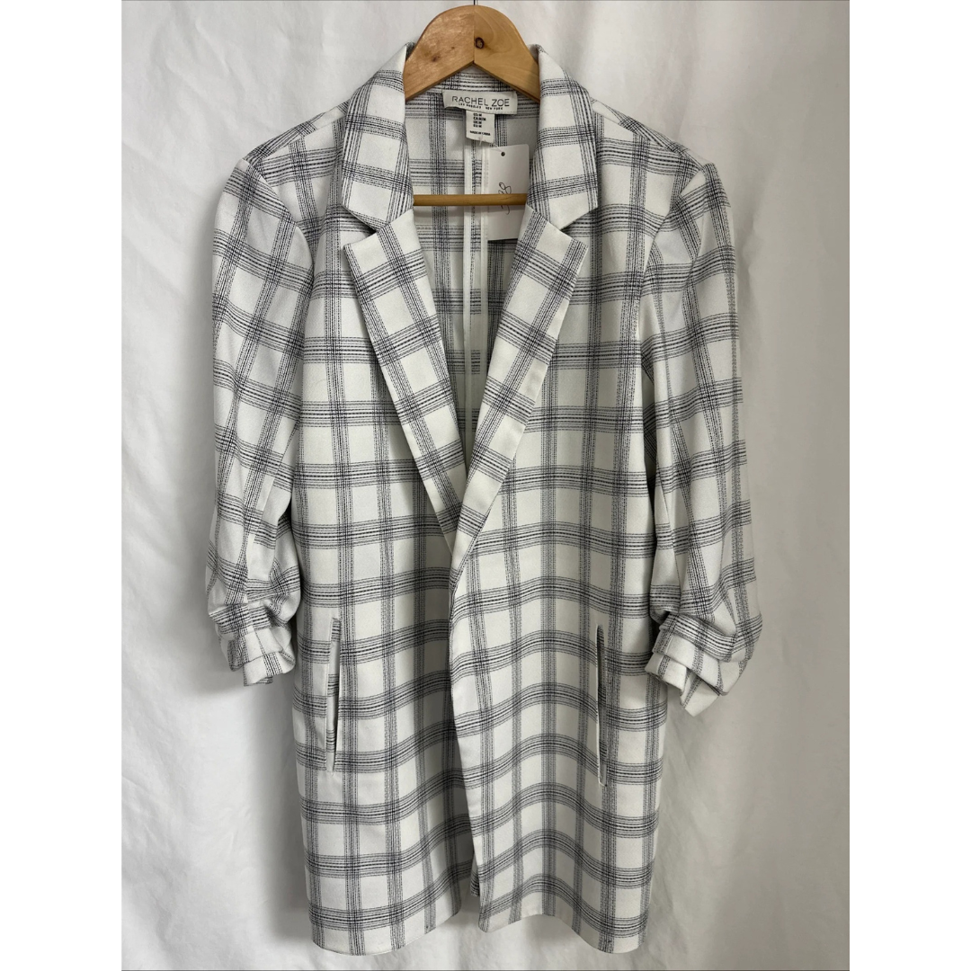 Rachel Zoe Plaid Blazer Women's Medium Relaxed Oversized Ruched 3/4 Sleeve Black And White