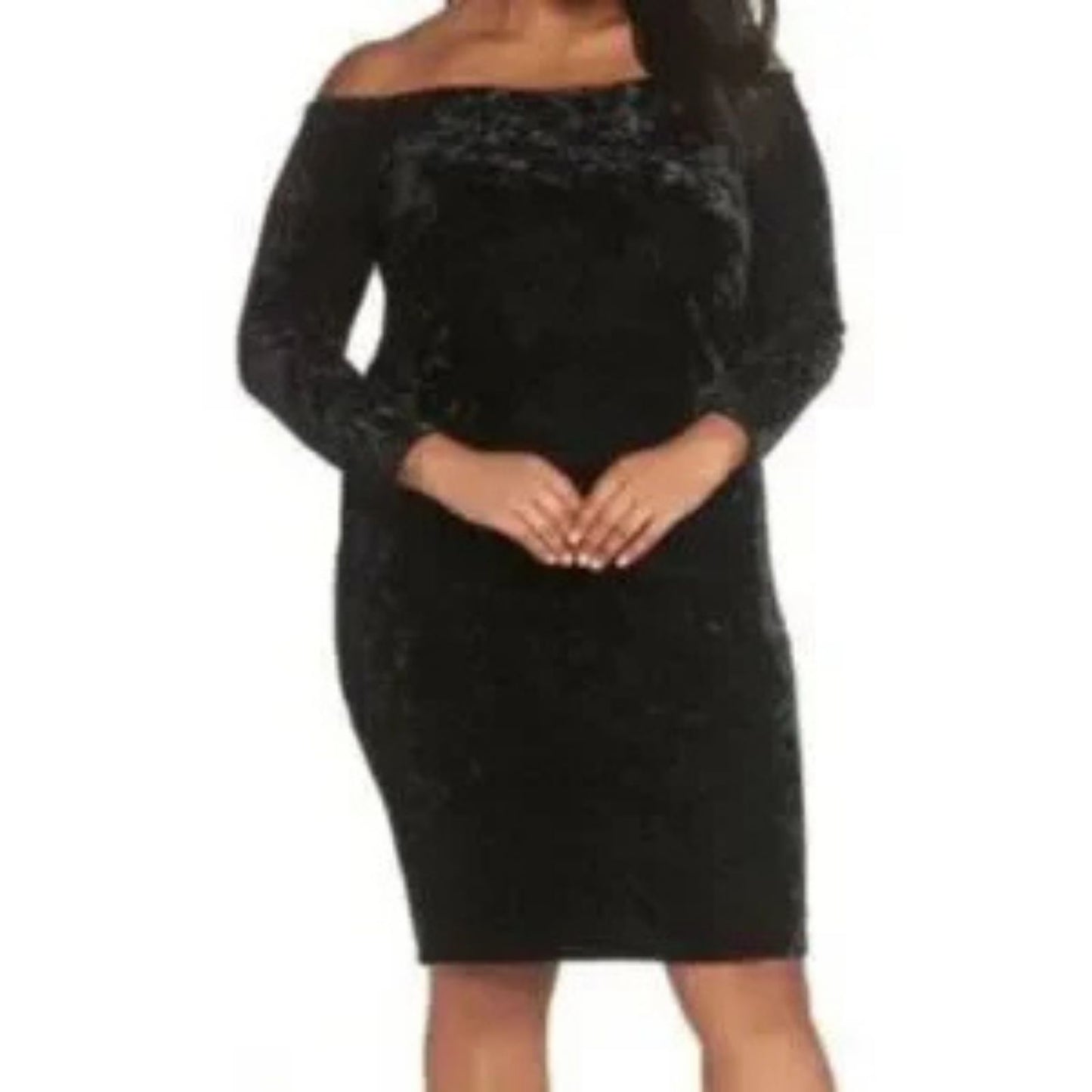 Eliza J Off The Shoulder Black Crushed Velvet Dress Size 20W Women's Long Sleeve