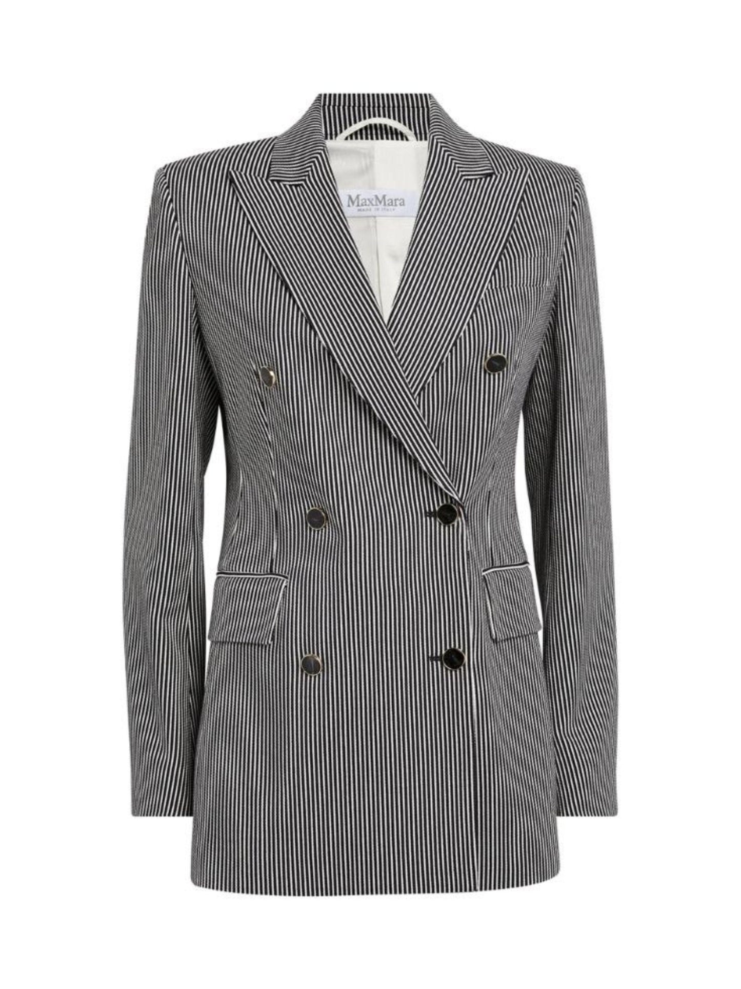 Black and White pinstripe blazer on a white background
