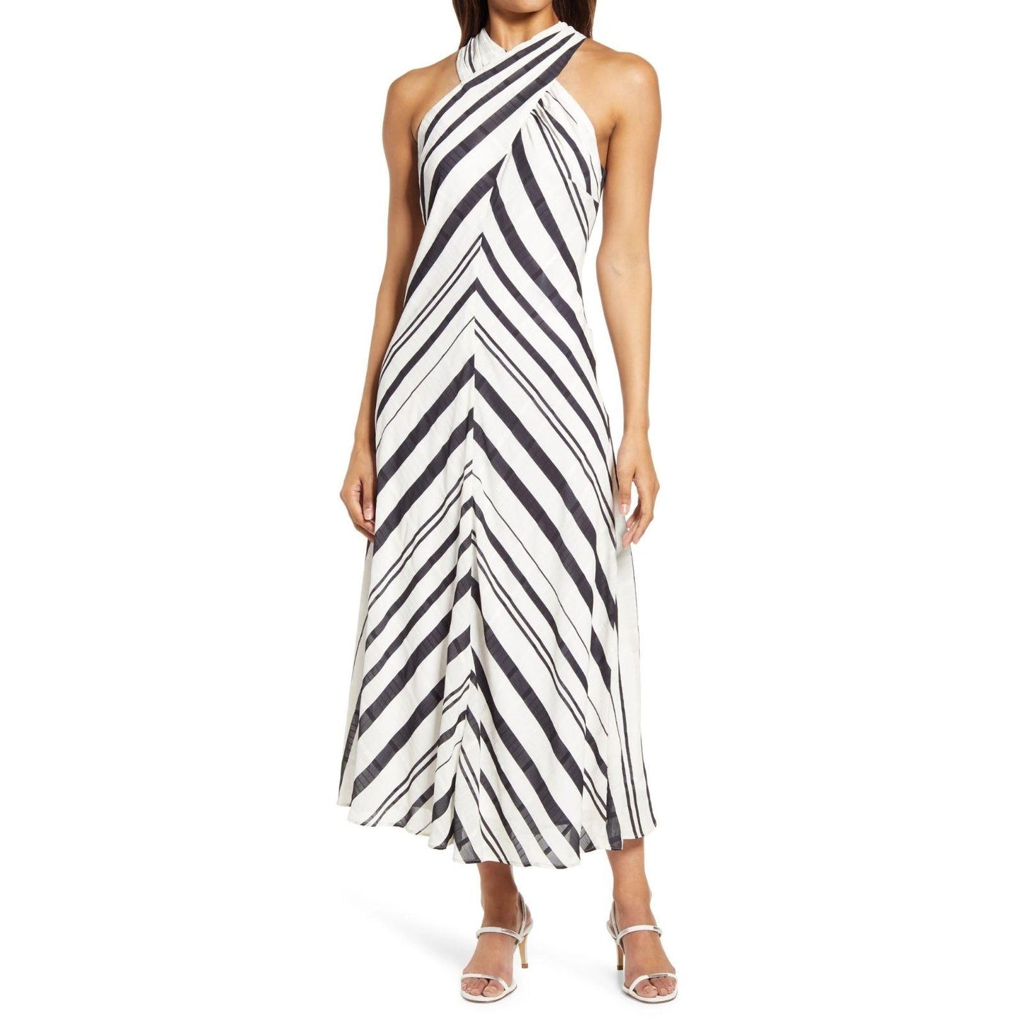 Sam Edelman Cross Neck Dress Chevron Pattern Black & White Stripe Women Size 6
