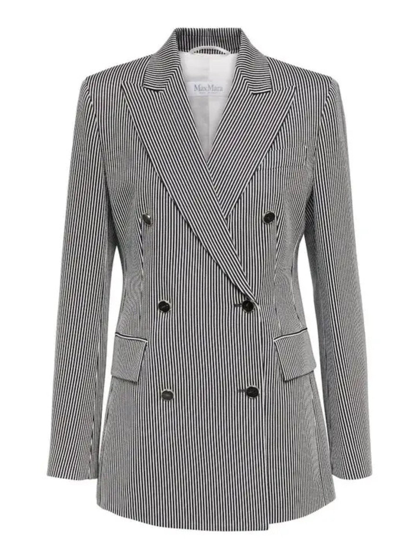 Max Mara Women's Paste Blazer Size 0 in Bianco Blu. Striped double-breasted in cotton blend with gold-tone button detail.