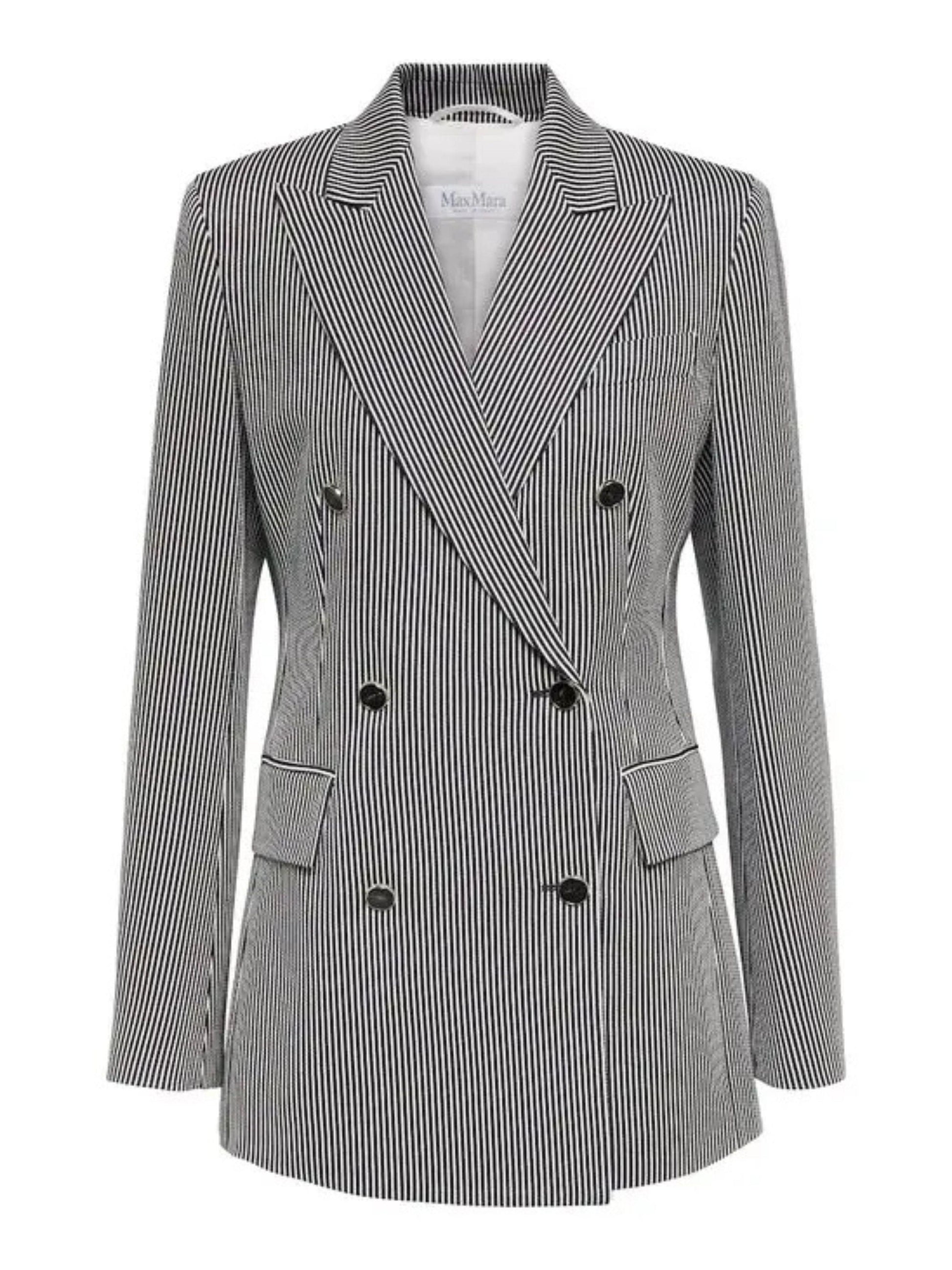 Max Mara Women's Paste Blazer Size 0 in Bianco Blu. Striped double-breasted in cotton blend with gold-tone button detail.