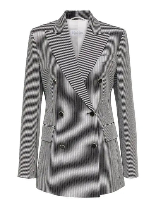 Max Mara Women's Paste Blazer Size 0 in Bianco Blu. Striped double-breasted in cotton blend with gold-tone button detail.