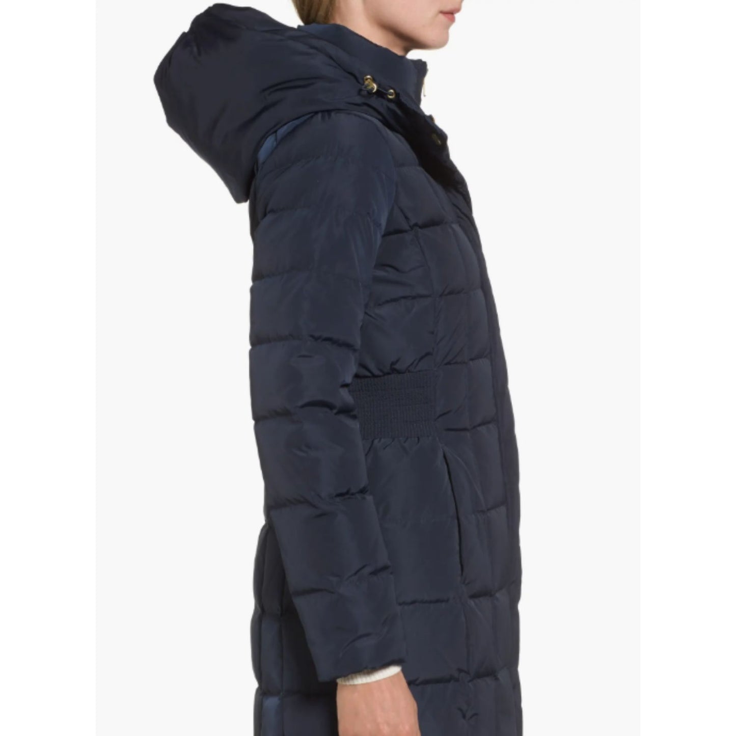 Cole Haan Down Puffer Coat Women's Size Large Hooded Parka Navy Blue - Good Depth On Pockets