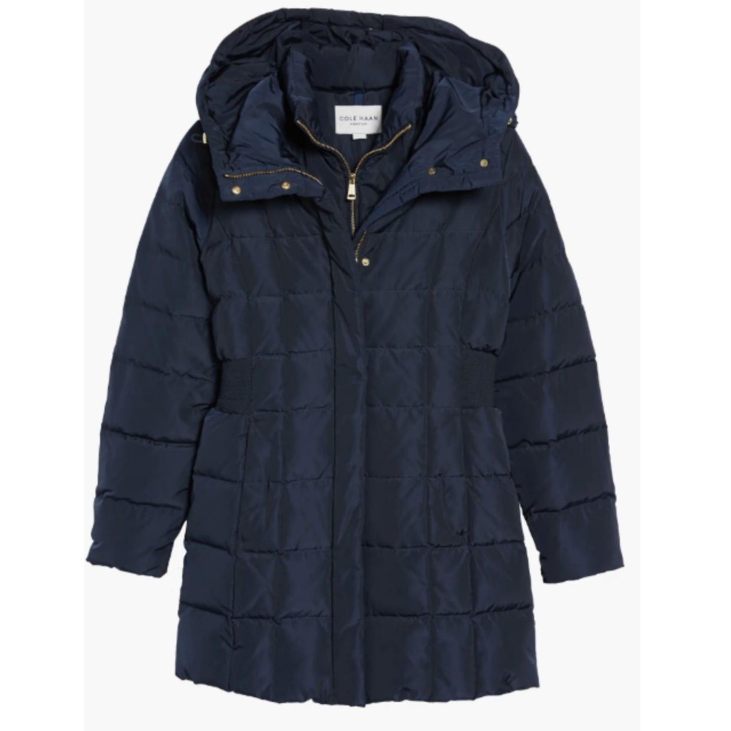 Cole Haan Down Puffer Coat Women's Size Large Hooded Parka Navy Blue - Good Depth On Pockets