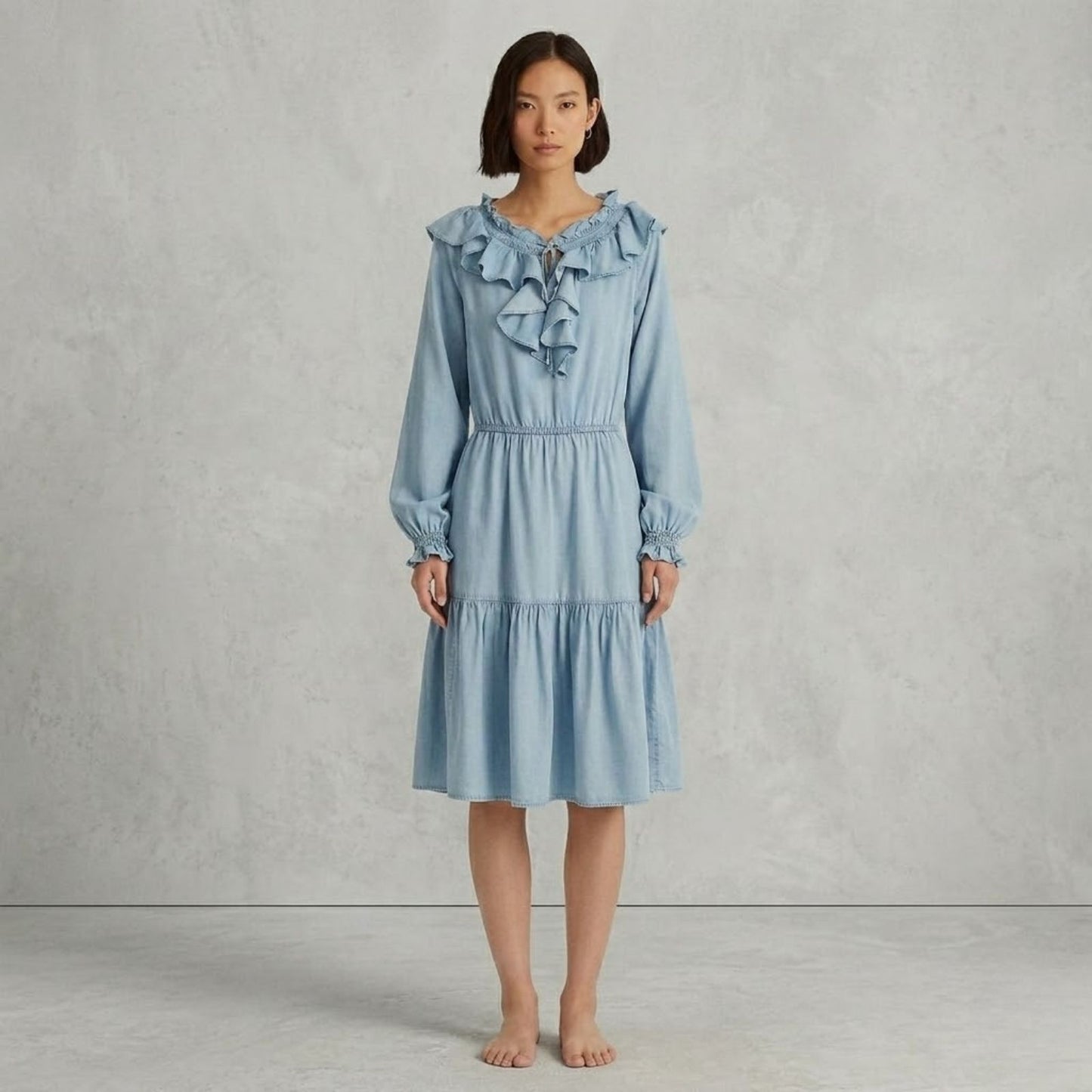 Lauren Ralph Lauren Smocked Ruffle Denim Dress Women's Size 6 Side On-Seam Pockets