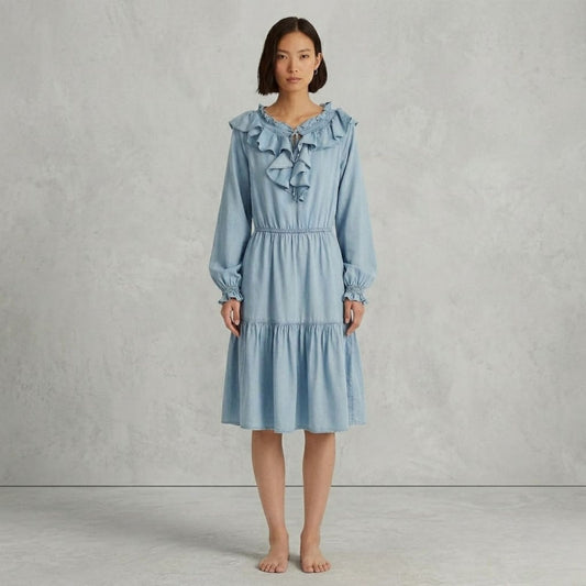 Lauren Ralph Lauren Smocked Ruffle Denim Dress Women's Size 6 Side On-Seam Pockets