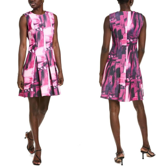 Natori Brushstroke Pleated Fit & Flare Dress Women's Size 16