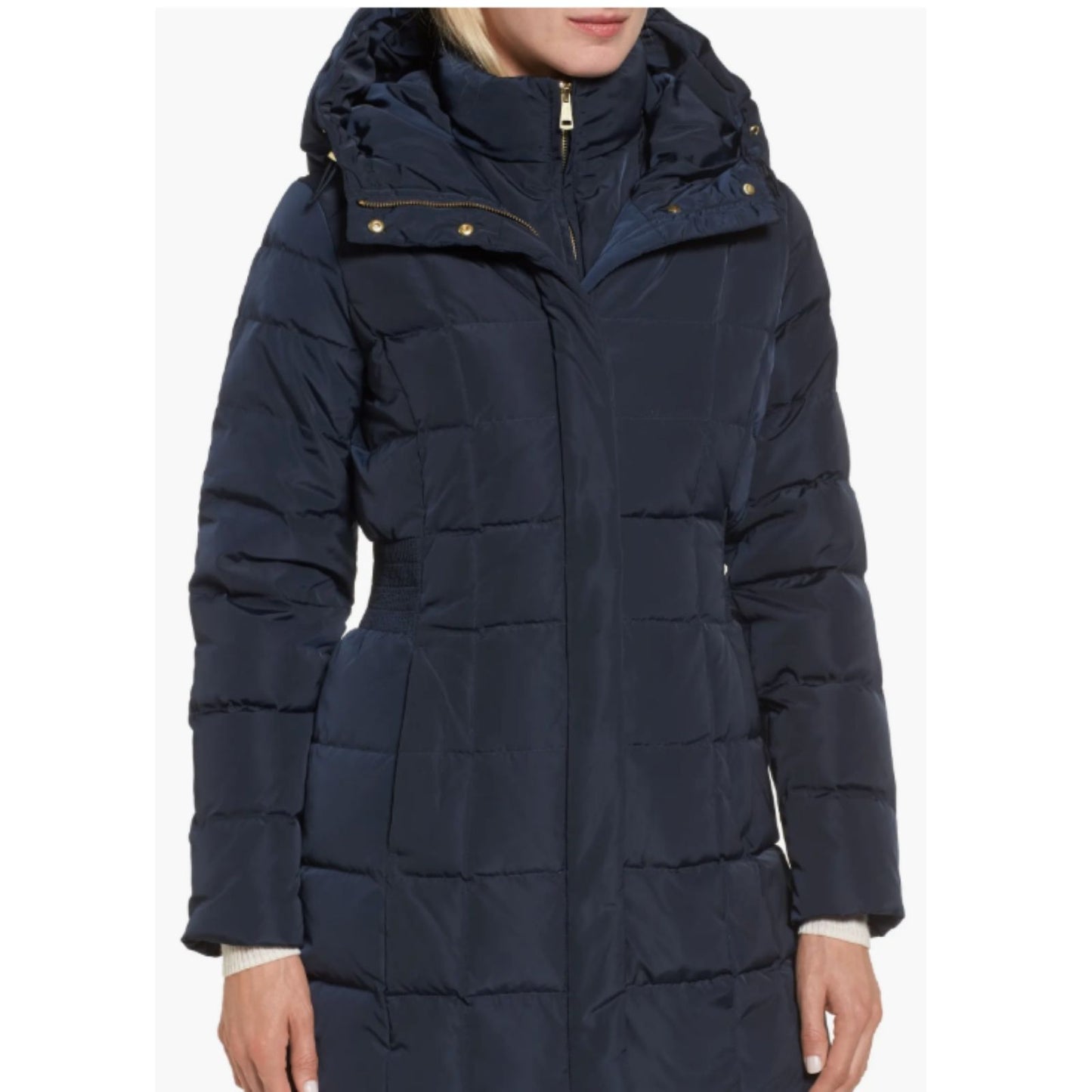 Cole Haan Down Puffer Coat Women's Size Large Hooded Parka Navy Blue - Good Depth On Pockets