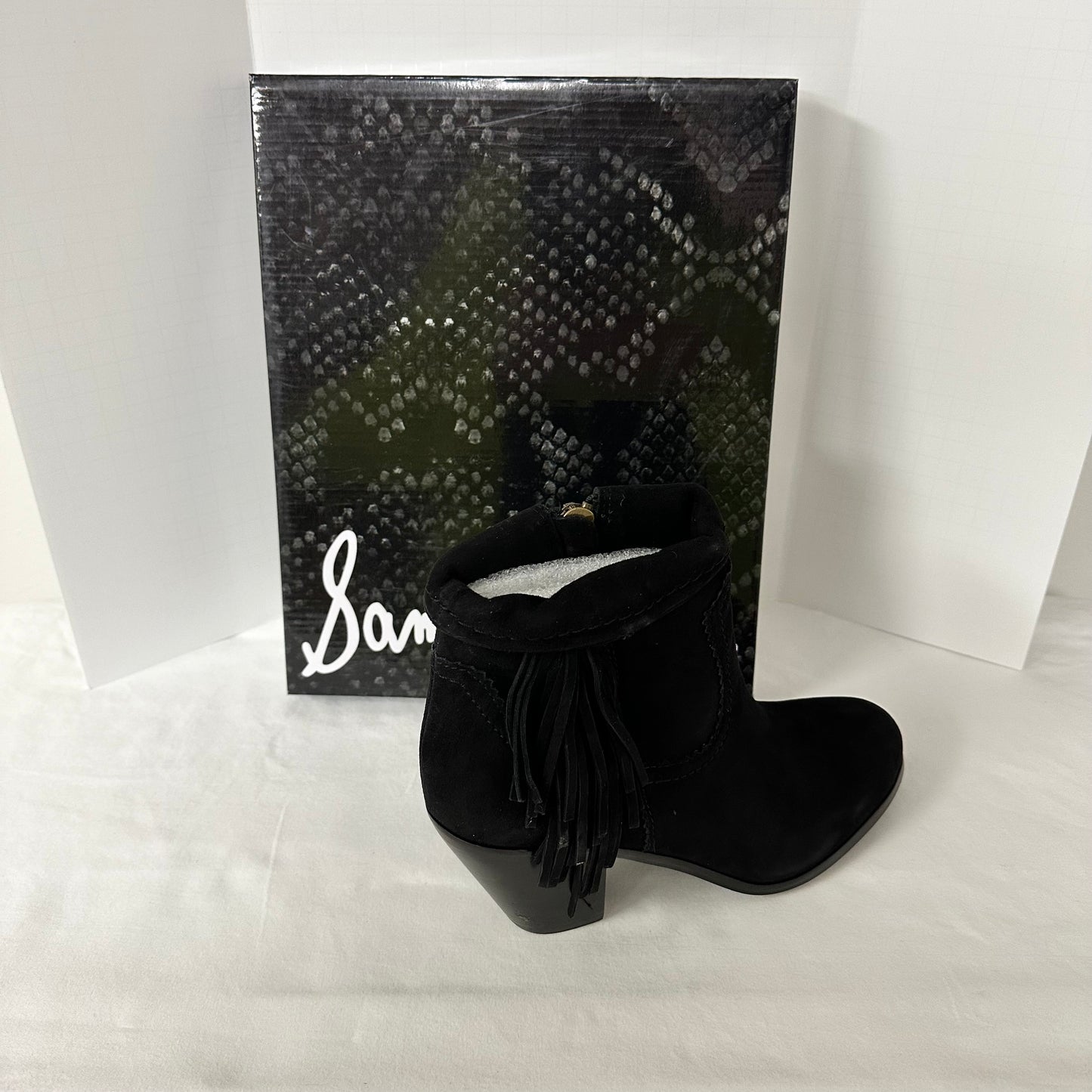 Sam Edelman Louie Ankle Boots Women's Size 9 Booties Black Suede Fringe Accent Almond Closed Toe