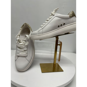 Size 5 1/2 Kate Spade New York Women's Lift Leather Sneakers Optic White & Gold Retail $148.00