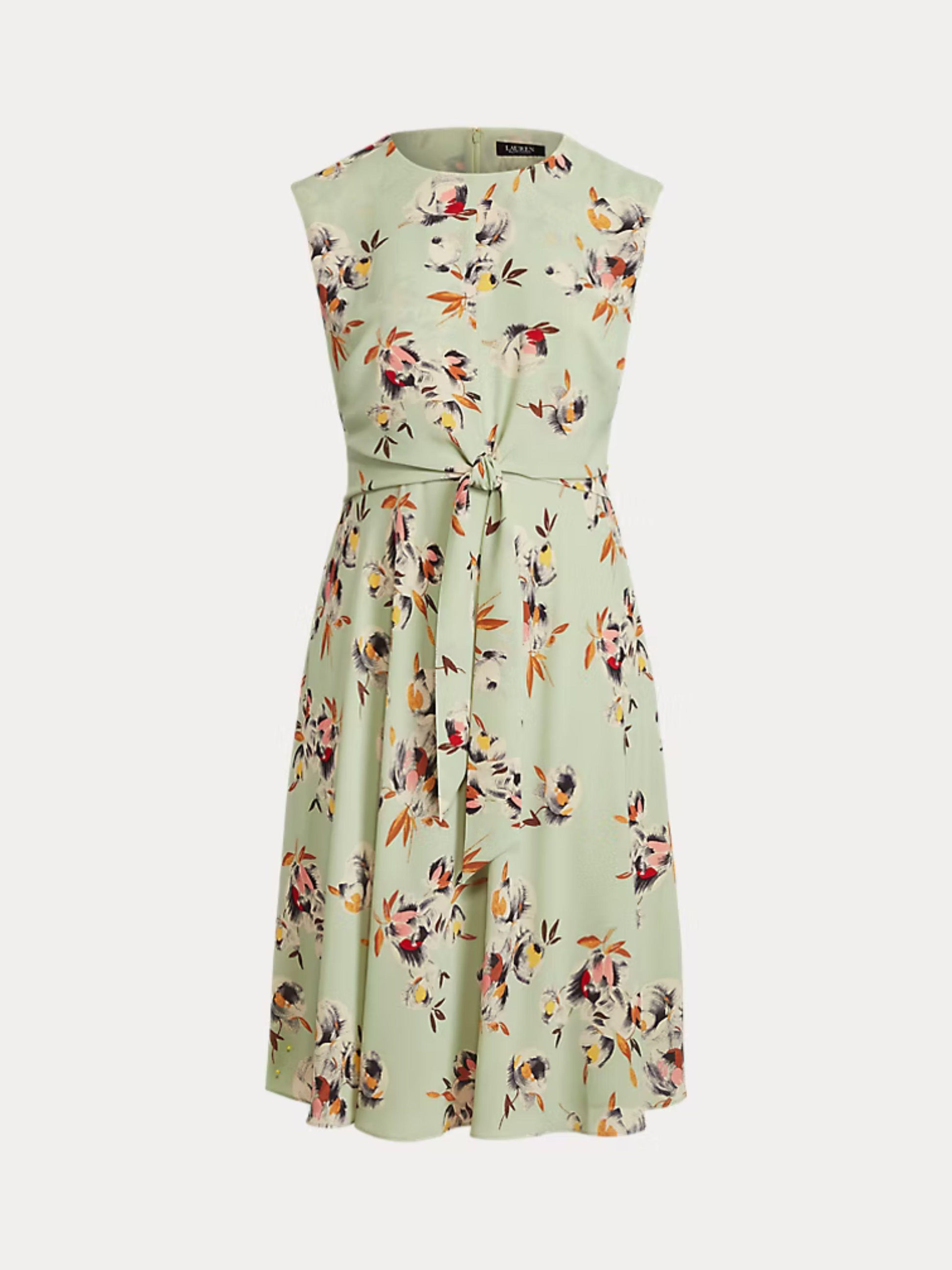 Lauren Ralph Lauren Women's Size 4 Petite floral bubble crepe dress in sage and pink. Features cap sleeves, A-line silhouette, and self-extended waist tie.