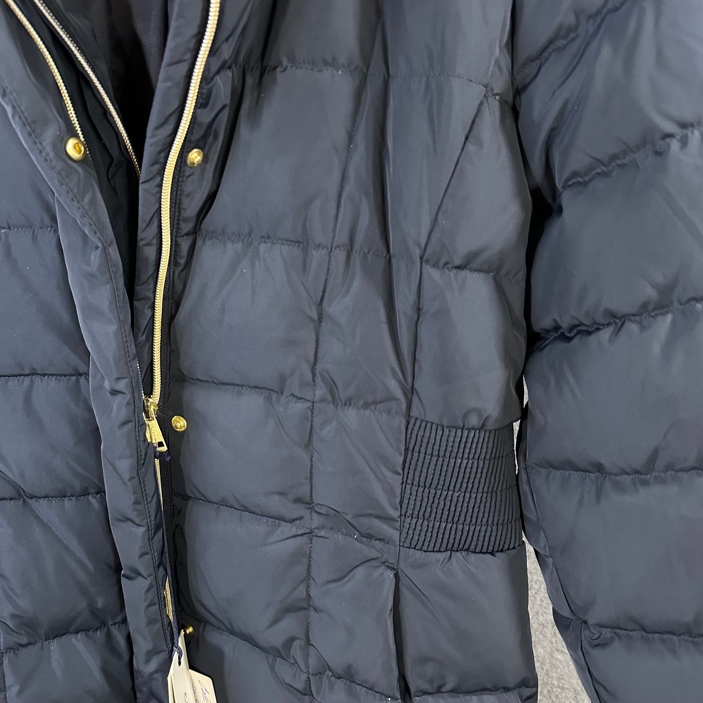 Cole Haan Down Puffer Coat Women's Size Large Hooded Parka Navy Blue - Good Depth On Pockets