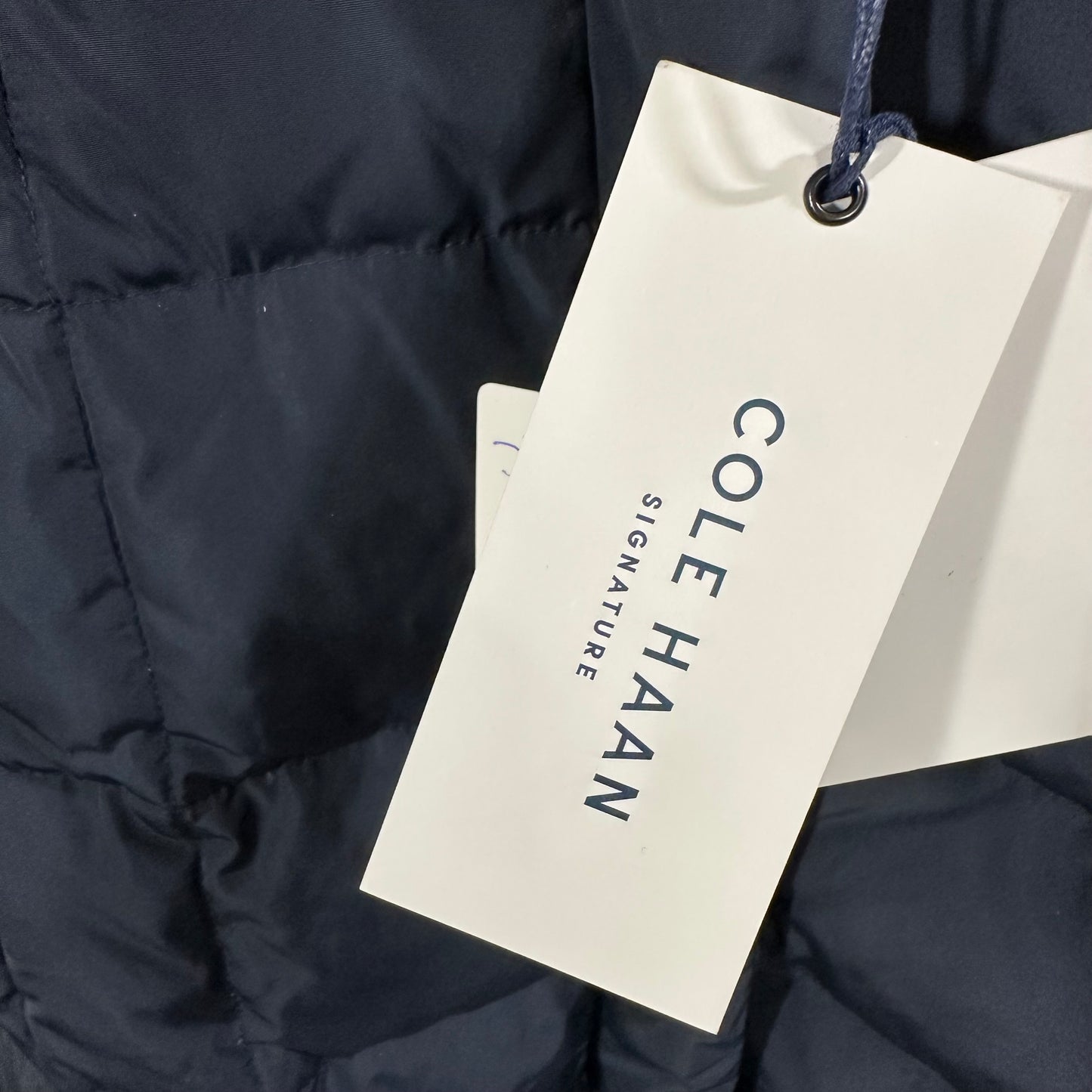 Cole Haan Down Puffer Coat Women's Size Large Hooded Parka Navy Blue - Good Depth On Pockets