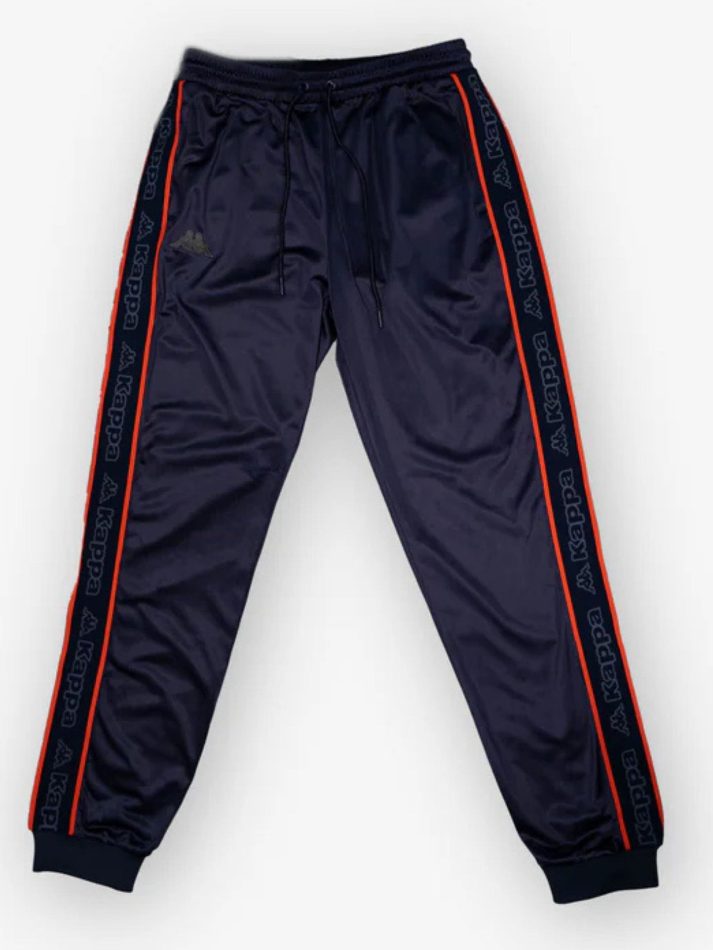 Kappa Anira 2 Jogger Pants for Men's Size XXL in Navy Blue and Orange. Features side Logo Tape and embroidered Omini Logo in a comfortable French Terry cotton.