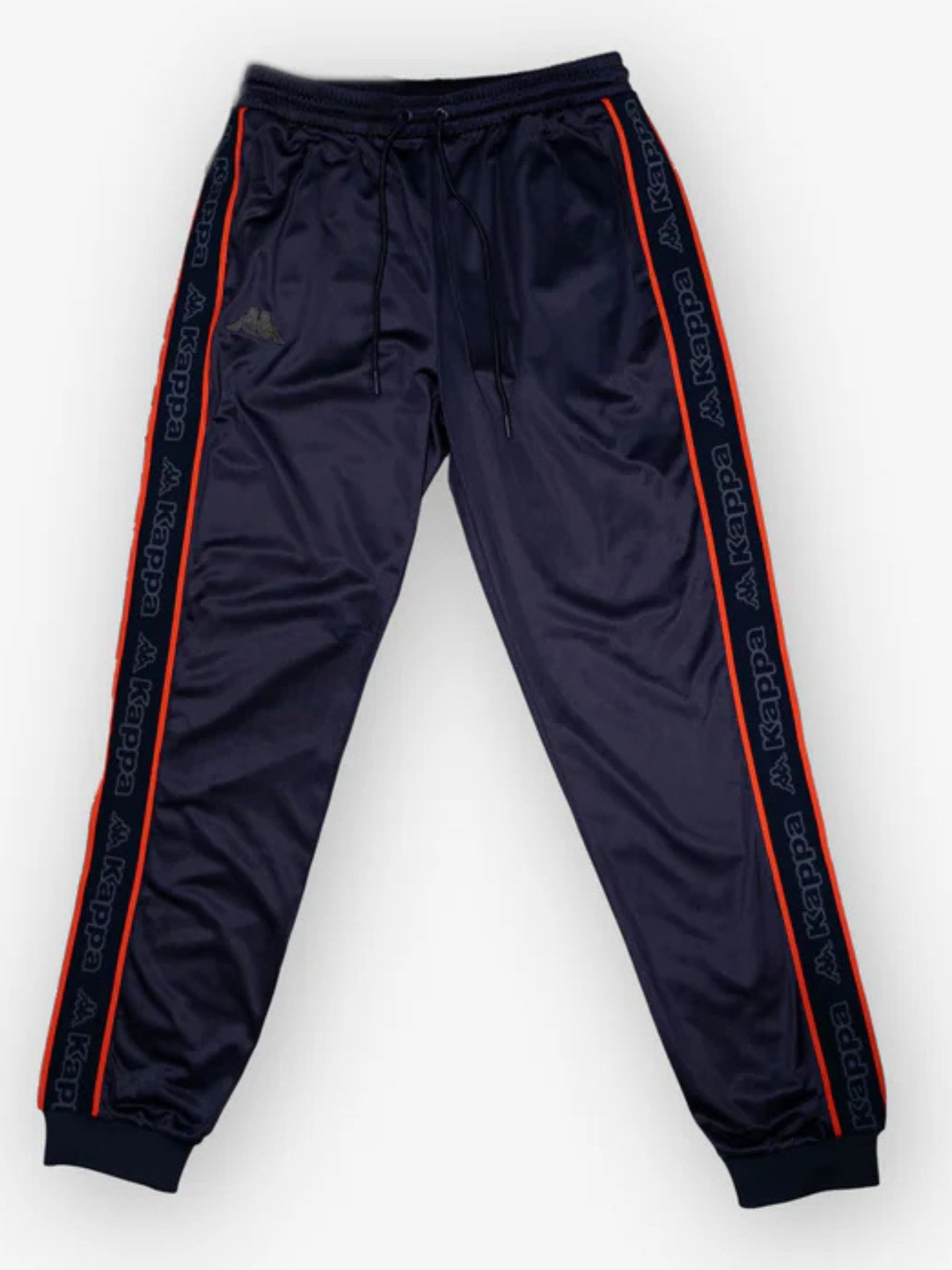 Kappa Anira 2 Jogger Pants for Men's Size XXL in Navy Blue and Orange. Features side Logo Tape and embroidered Omini Logo in a comfortable French Terry cotton.
